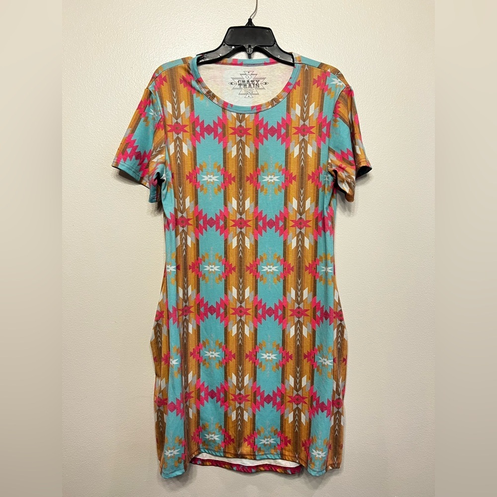 Crazy Train Aztec Mini Dress in Turquoise and Mustard Western Cowgirl Rodeo Sz L